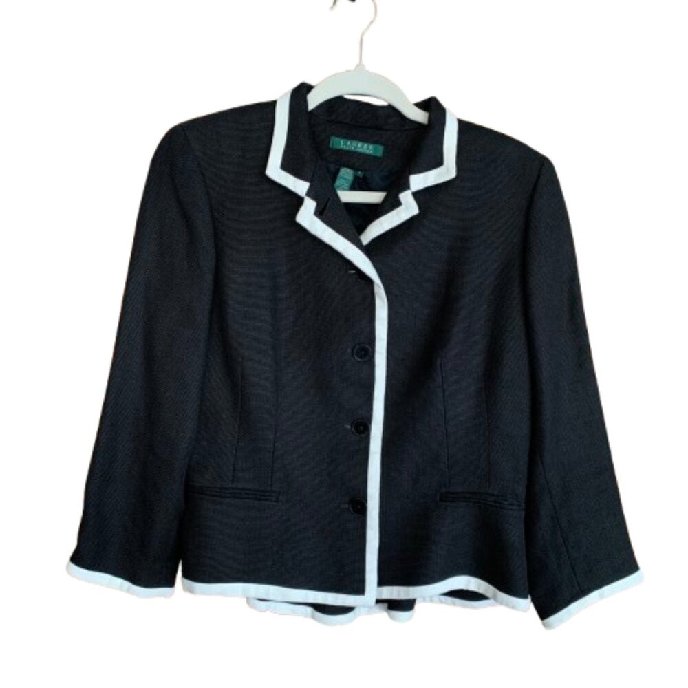 Ralph Lauren 100% Linen Black White Women's Size 8 Blazer Jacket EUC